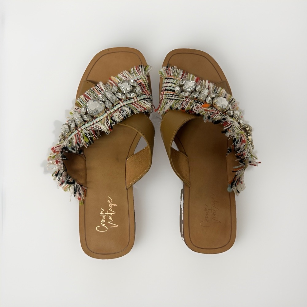 Crown Vintage Slide Sandals Womens 7.5M Somaya Tan Fringe Crystal Multi Tweed